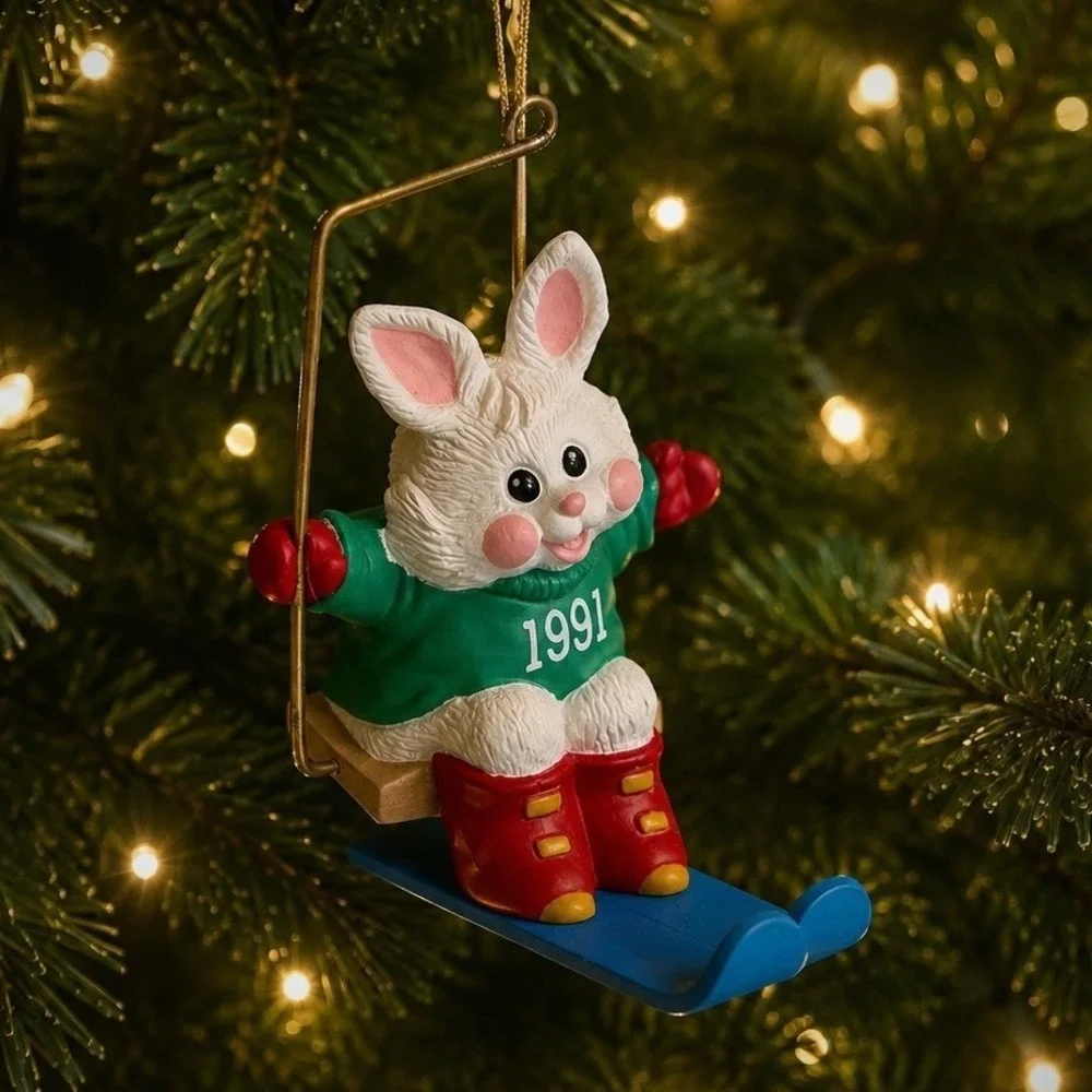 Hallmark Keepsake Ornament Ski Lift Bunny Christmas Tree Decoration Vintage 1991